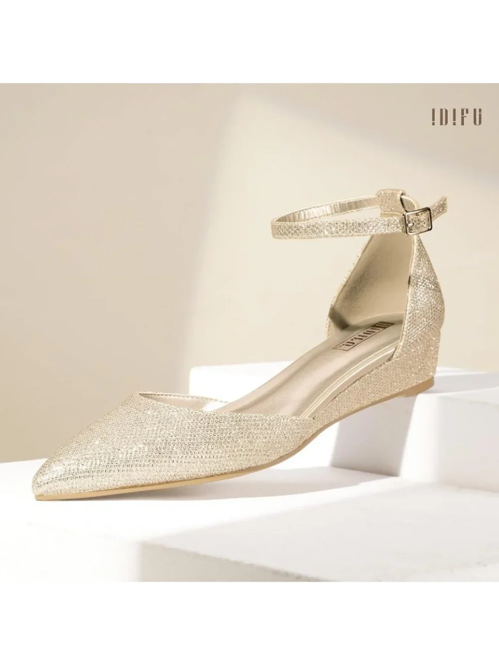 Women's Gold Glitter Low Wedge Closed Pointed Toe Adjustable Ankle Strap Shoes